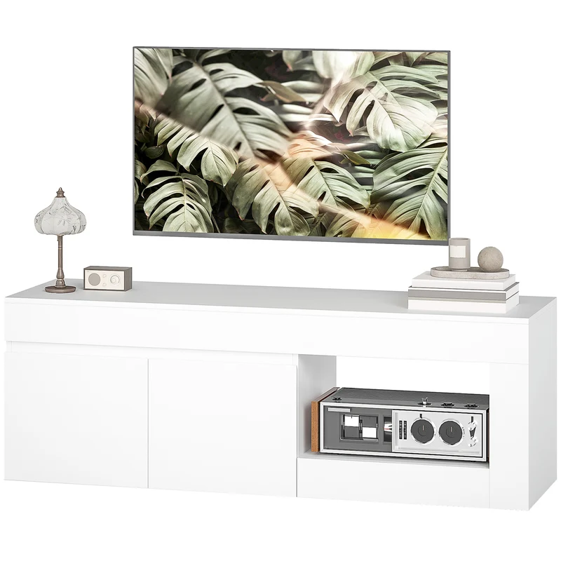 Meuble télévision salon 140 x 40 x 48 cm rangement discret et étagère ouverte intégrée moderne épuré en mélamine blanc 21_0003453