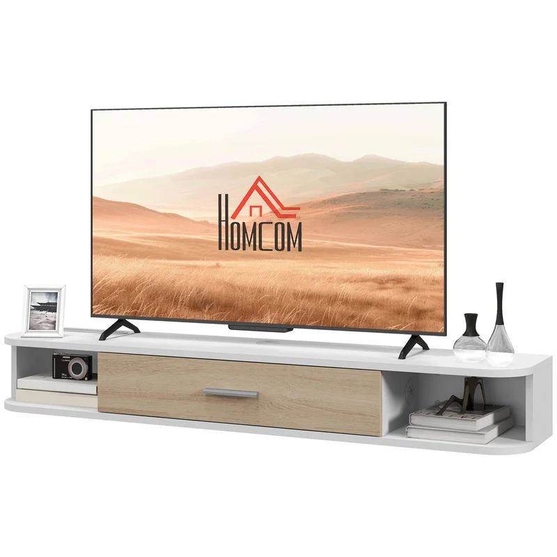 Meuble tv mural 120 x 26 x 16 cm rangement pour tv 50 pouces 2 compartiments placard relevable moderne épuré en MDF blanc 21_0003183
