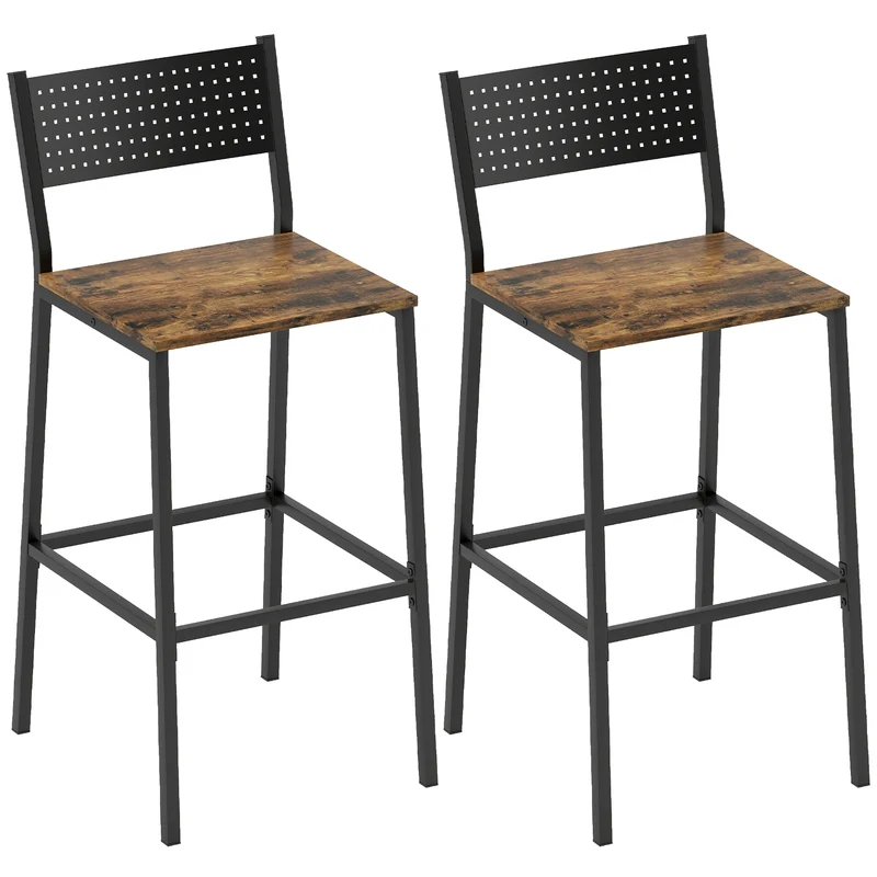 Lot de 2 tabourets de bar 43,2 x 50,5 x 97,8 cm dossier incliné repose-pieds antidérapant style industriel en MDF brun 21_0003330