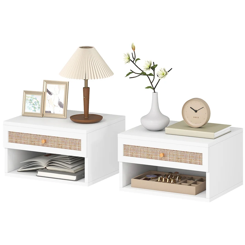 Lot de 2 tables de chevet murales 40 x 34 x 23 cm tiroir niche utile design contemporain en panneau de particules blanc 21_0001607