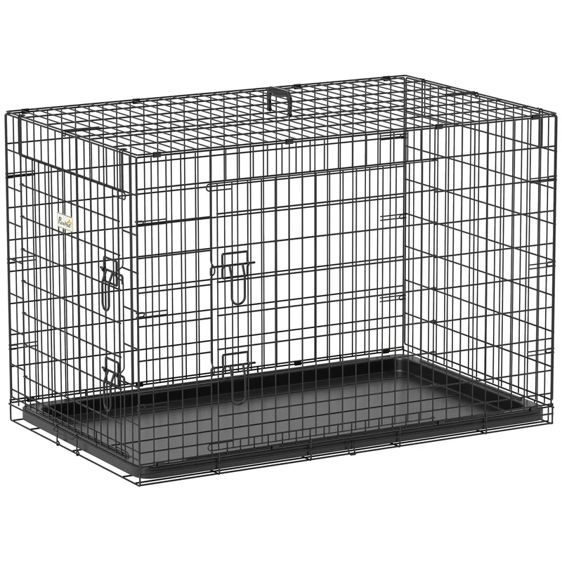 Cage de transport pliable pour chien 92 x 57 x 62 cm double loquet plateau amovible robuste contemporain en acier noir 21_0007204