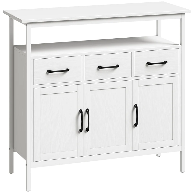 Buffet de cuisine 3 portes 3 tiroirs 95 x 35 x 88 cm rangement modulable moderne épuré en panneaux de particules blanc 21_0003394