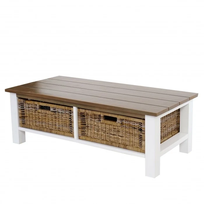 Table basse en bois avec 2 paniers rotin 38x112x52cm TABA04003