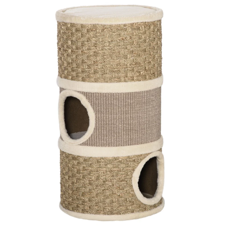 Tonneau à gratter pour chat 37,5 x 37,5 x 70 cm 3 niches plateforme moelleuse grattage sisal moderne en peluche kaki 21_0007647