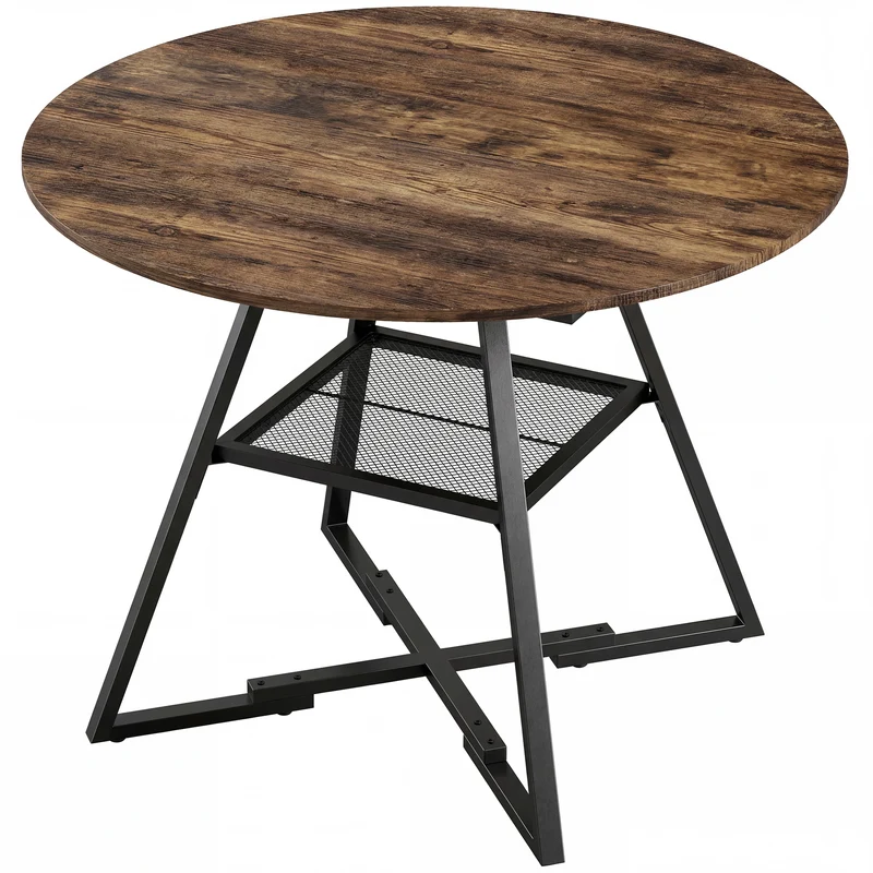 Table à manger ronde conviviale 100 x 76 cm étagère de rangement style industriel en panneau de particules brun rustique 21_0003390