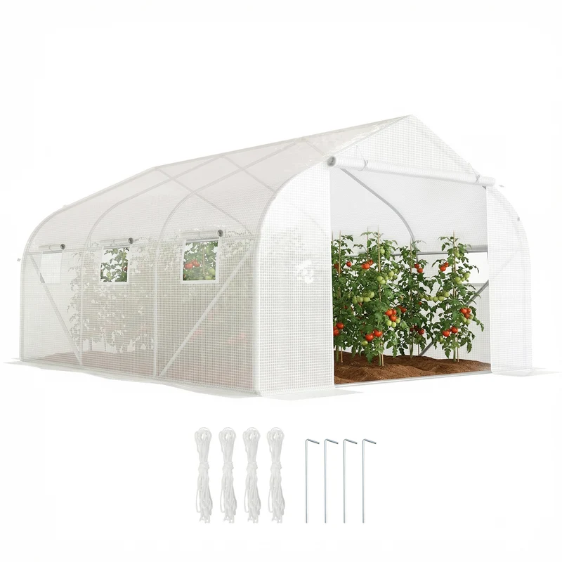 Serre tunnel de jardin 445 x 300 x 205 cm protection anti-uv 6 fenêtres et porte enroulable épuré en polyéthylène blanc 21_0004054
