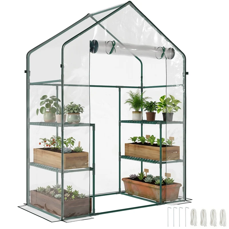 Serre de jardin culture 142 x 73 x 195 cm 4 tablettes porte zippée cordons sol contemporain épuré en acier vert foncé 21_0004068