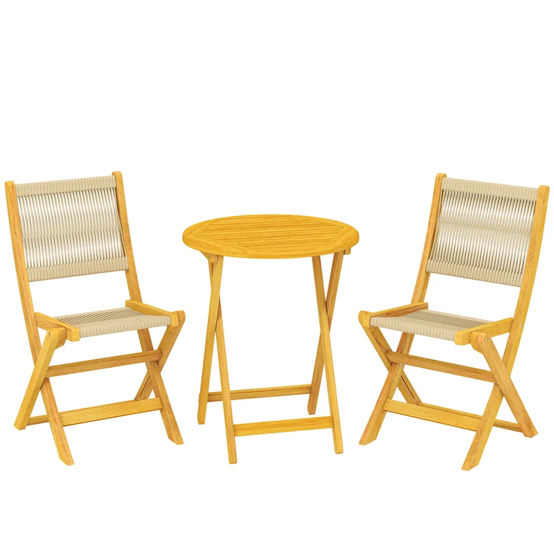 Salon de jardin bistrot 3 pièces table ronde 60 x 74 x 48 cm chaises pliables bohème confort en bois d'acacia naturel 21_0005346
