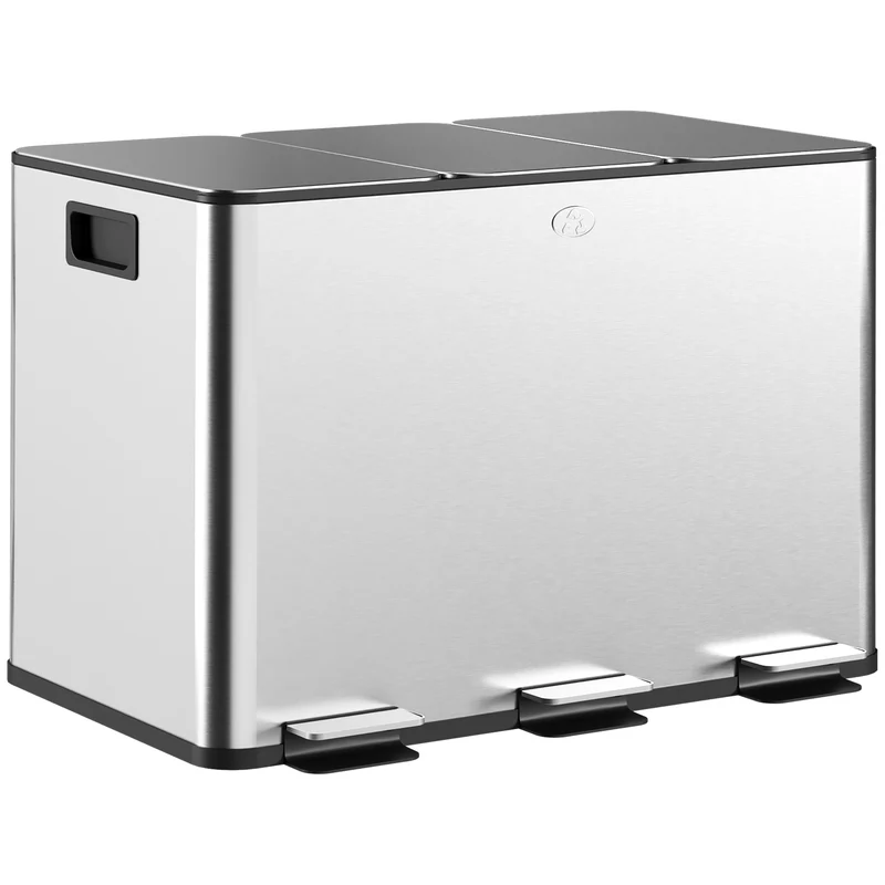 Poubelle de cuisine tri 49.6 x 34.5 x 38.6 cm 3 compartiments seaux amovibles moderne épuré en acier inoxydable argent 21_0005912