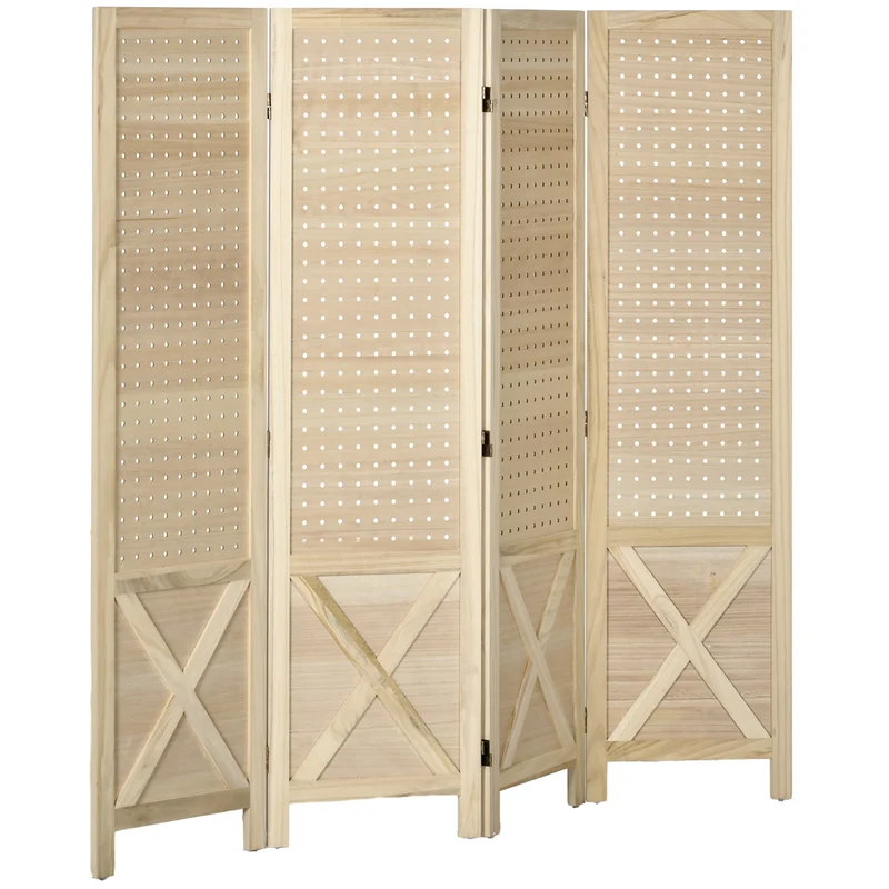 Paravent intérieur 4 panneaux perforés séparateur 152 x 1,7 x 144,5 cm intimité pliant motif x scandinave en bois naturel 21_0001298