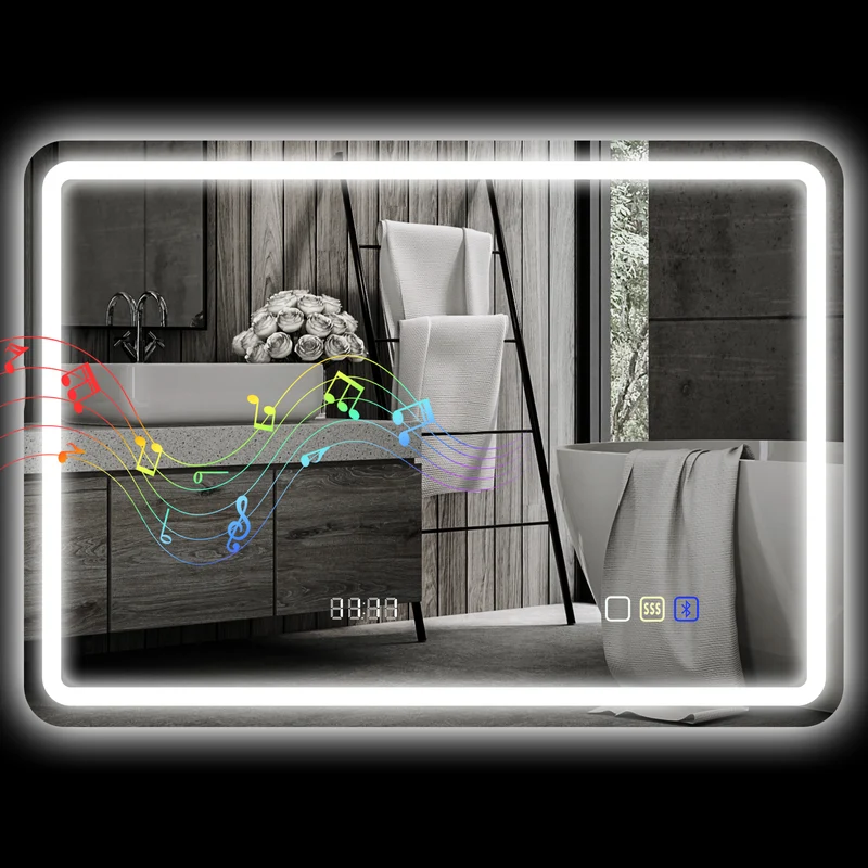 Miroir salle de bain mural 50 x 70 x 3,5 cm éclairage led réglable et anti-buée moderne épuré en verre trempé argenté 21_0002087