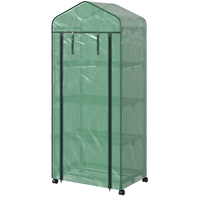 Serre de jardin étagère 4 niveaux 69 x 50 x 165 cm protection intempéries sur roulettes style moderne en acier vert 21_0004099