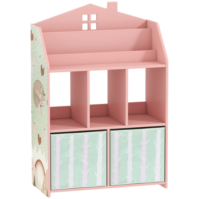 Meuble rangement enfant forme maison 62,5 x 30 x 91,5 cm accès autonome antibasculement moderne décoratif en MDF rose 21_0000179
