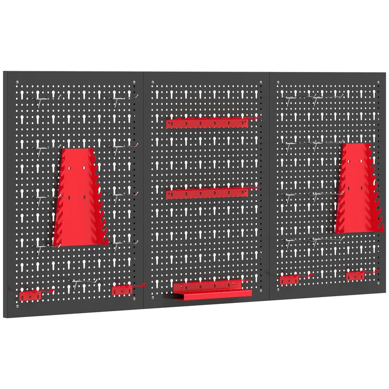 Lot de 3 panneaux perforés muraux garage 60 x 40 x 2 cm gain de place utile charge 50 kg style industriel en acier noir 21_0007086
