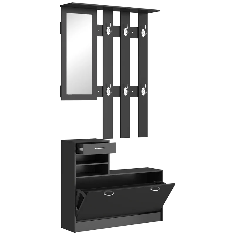 Ensemble meuble d'entrée 3 en 1 90 x 24 x 75 cm miroir intégré rangement modulable épuré en panneaux de particules noir 21_0001408