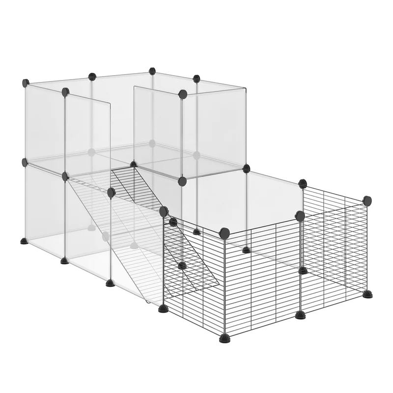Enclos modulable pour petits animaux 140 x 70 x 70 cm montage facile et sécurisé avec rampe design moderne en PP noir 21_0007934