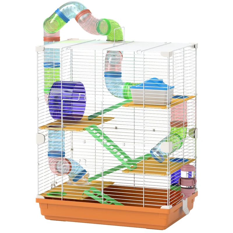 Cage pour hamster 5 étages 46 x 30 x 58 cm espace de jeu sécurisé roue d'exercice compact design moderne en métal orange 21_0007924