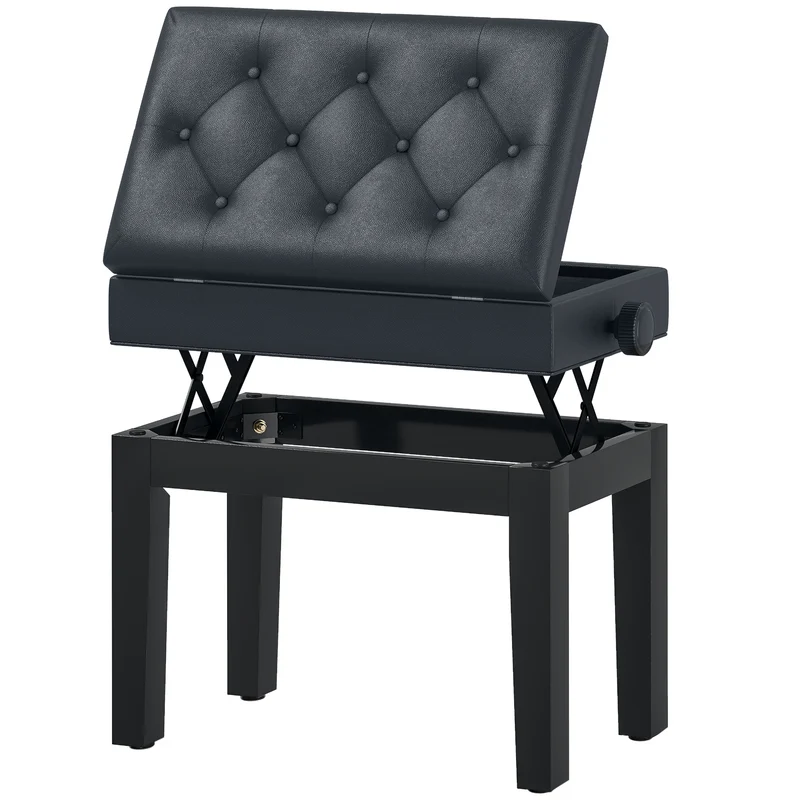 Banc de piano réglable 55 x 33 x 48-58 cm hauteur réglable rangement intégré assise style classique en polyuréthane noir 21_0000098