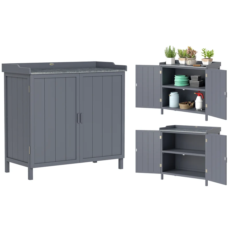 Armoire de jardin table de rempotage 2en1 98 x 48 x 95.5 cm rangement optimisé double porte style rustique en bois gris 21_0004682