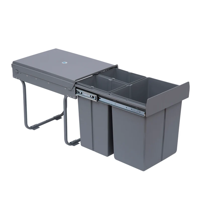 Poubelle coulissante sous évier 48 x 34,2 x 41,8 cm triple compartiment tri silencieux compacte contemporain en PP gris 21_0005898
