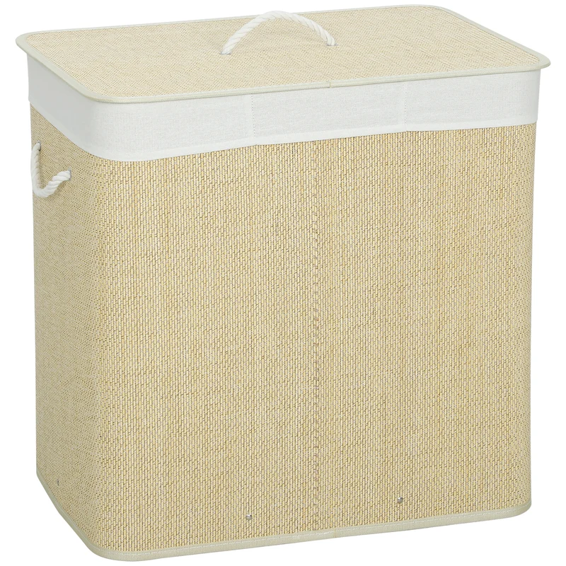 Panier à linge trois compartiments 60 x 40 x 60 cm séparation pratique sacs lavables épuré scandinave en bambou crème 21_0005879