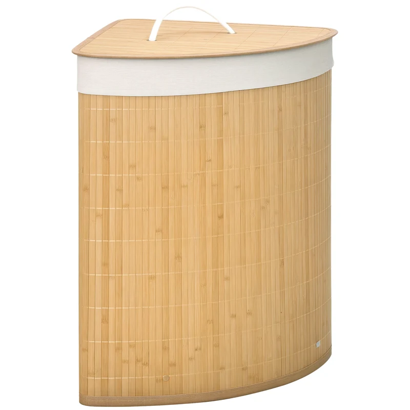 Panier à linge d'angle pour coin 38 x 38 x 57 cm housse amovible gain de place scandinave épuré en bambou bois naturel 21_0005831