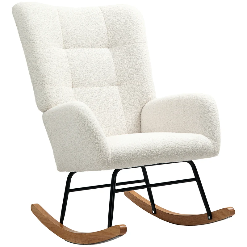 Fauteuil à bascule 70 x 94 x 100 cm balancement réglable 90° à 115° assise moelleuse scandinave en laine bouclée crème 21_0003472