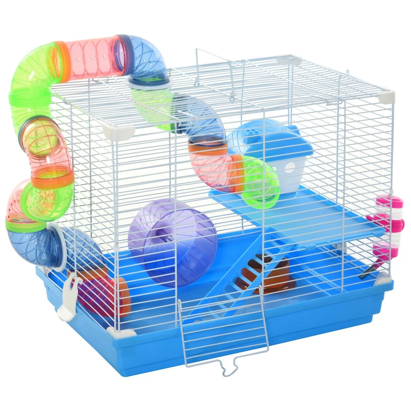 Cage pour hamsters 2 niveaux 46 x 30 x 37 cm tunnel entretien aisé style moderne épuré ambiance cosy en plastique bleu 21_0007920