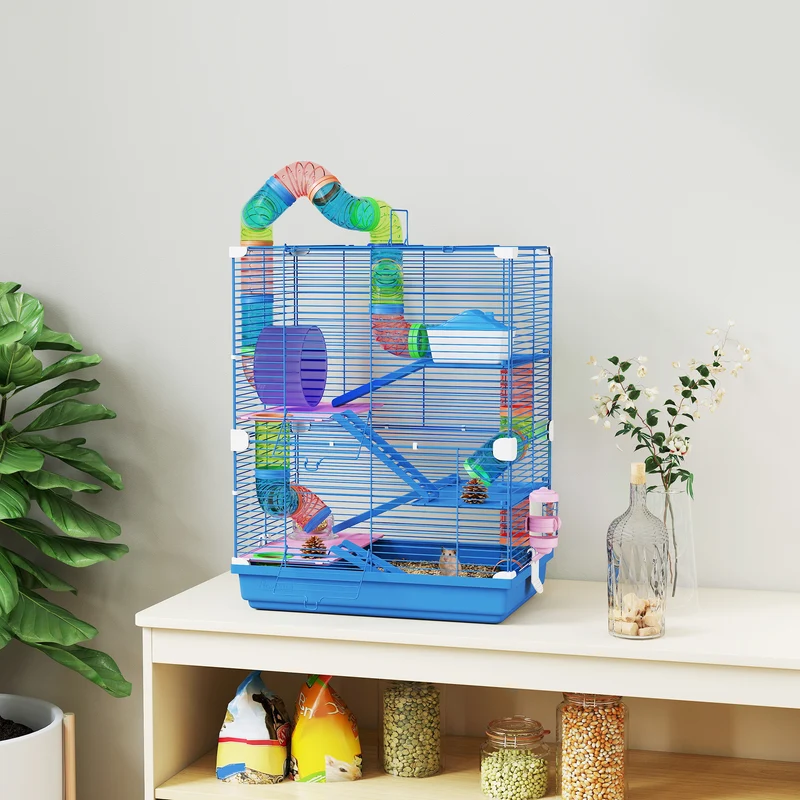 Cage pour hamster 4 étages tunnels modulables ludiques roue silencieuse 46 x 30 x 58 cm design contemporain en métal bleu 21_0007923