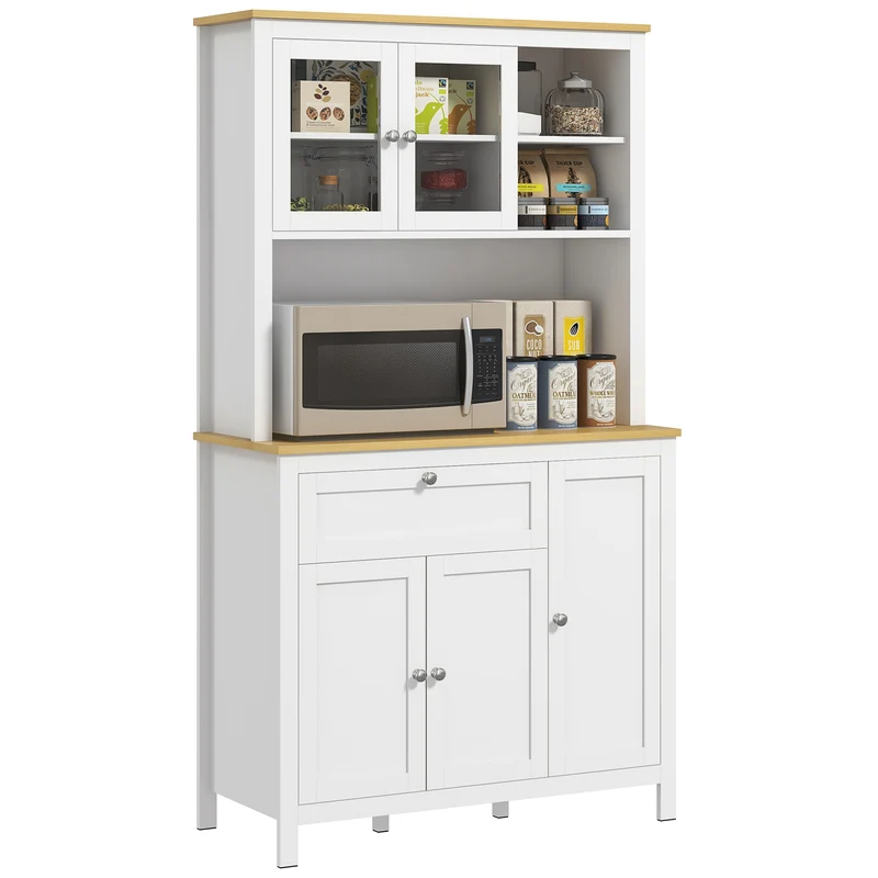 Buffet de cuisine haut 5 portes 100 x 40 x 180 cm avec 2 portes vitrées et tiroir style contemporain sobre en MDF blanc 21_0003192