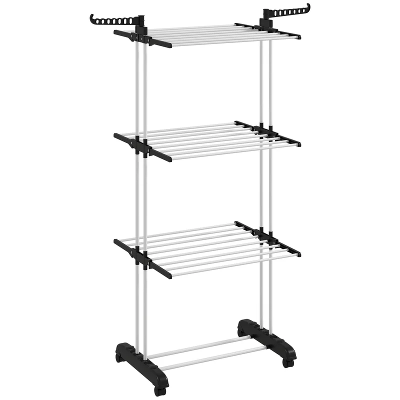 Séchoir étendoir à linge pliable intérieur 73 x 64 x 177 cm à roulettes avec freins 3 niveaux moderne en acier noir 21_0005810