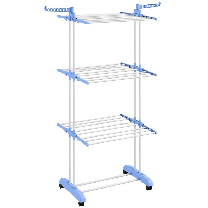 Étendoir à linge sur roulettes pliable 73 x 64 x 172 cm panneaux rabattables gain de place moderne épuré en acier bleu 21_0005811
