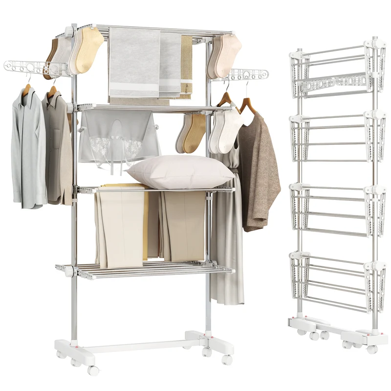 Étendoir à linge pliable à ailes 142 x 55 x 172 cm 4 niveaux sur roulettes réglable moderne avec crochets en acier blanc 21_0000110