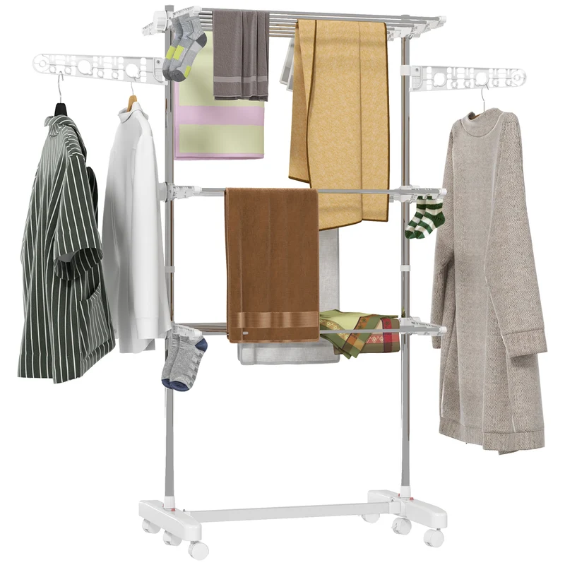 Étendoir à linge pliable intérieur extérieur 142 x 55 x 152 cm gain de place roulettes réglables moderne en acier blanc 21_0000109