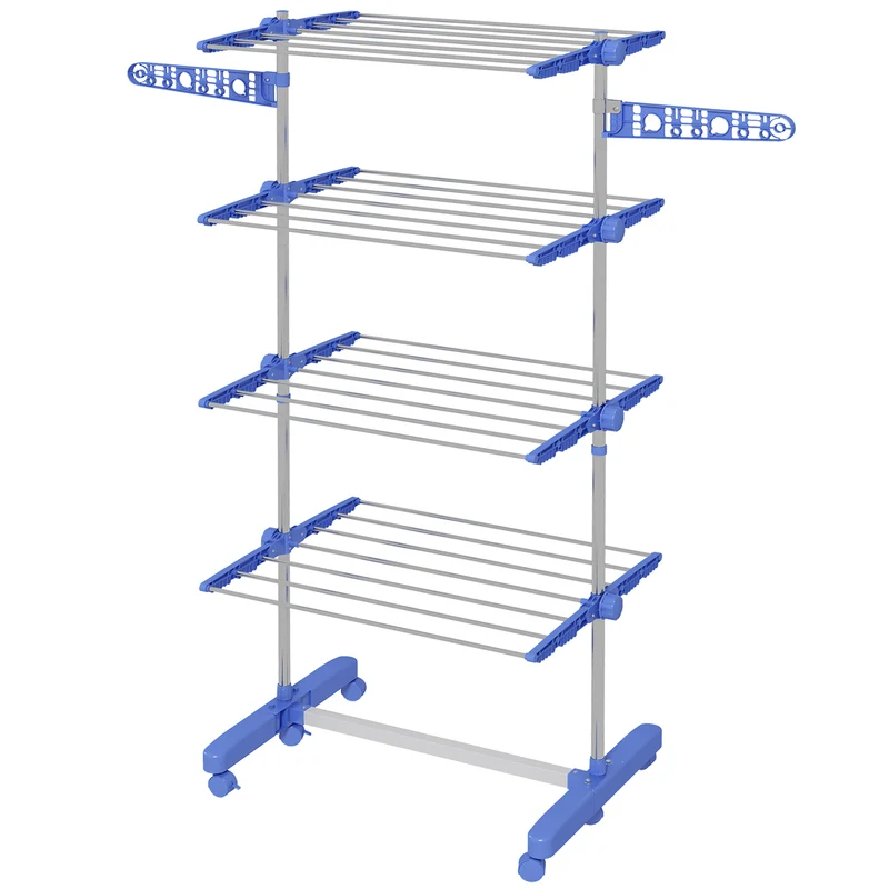 Étendoir à linge pliable intérieur 142 x 55 x 172 cm gain de place roulettes réglables moderne en acier inoxydable bleu 21_0005856