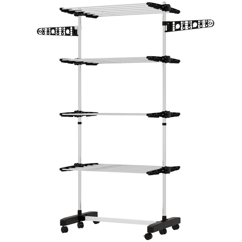 Séchoir à linge pliable intérieur 142 x 55 x 172 cm 4 niveaux à ailes latérales moderne épuré en acier inoxydable et ABS noir 21_0005855