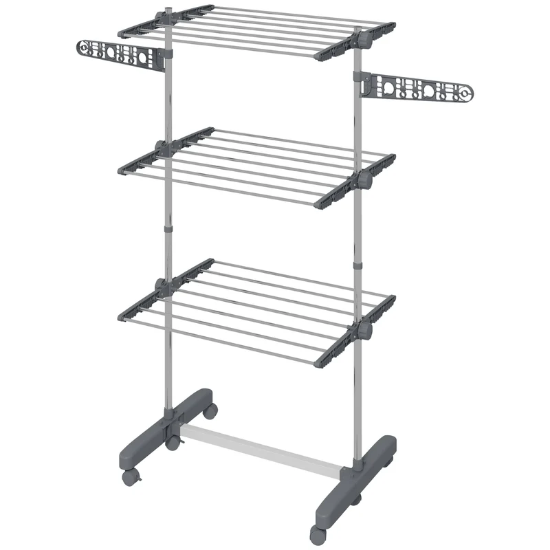Étendoir à linge pliable intérieur 142 x 55 x 152 cm 3 niveaux à roulettes réglable moderne en acier inoxydable gris 21_0005854