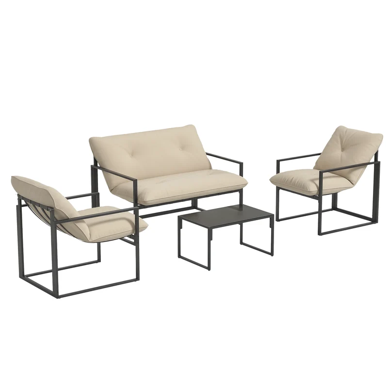 Salon de jardin 4 pièces canapé 2 places fauteuils 65 x 42 x 35 cm confort coussins épais moderne cosy en acier gris 21_0005162
