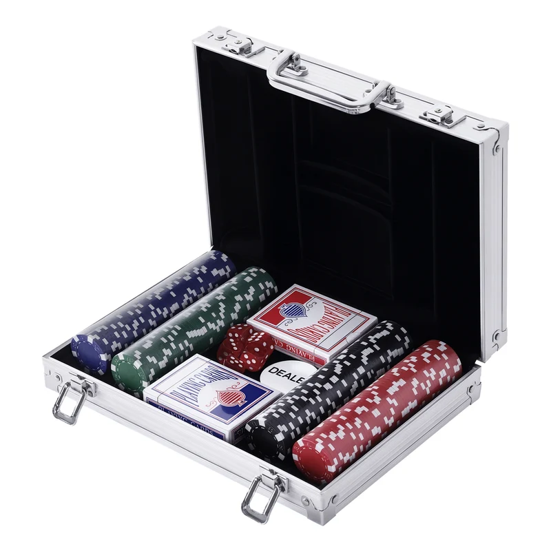 Mallette de poker coffret compact 29,5 x 20,5 x 6,5 cm 200 jetons fermeture à clé design contemporain en aluminium argent 21_0006640