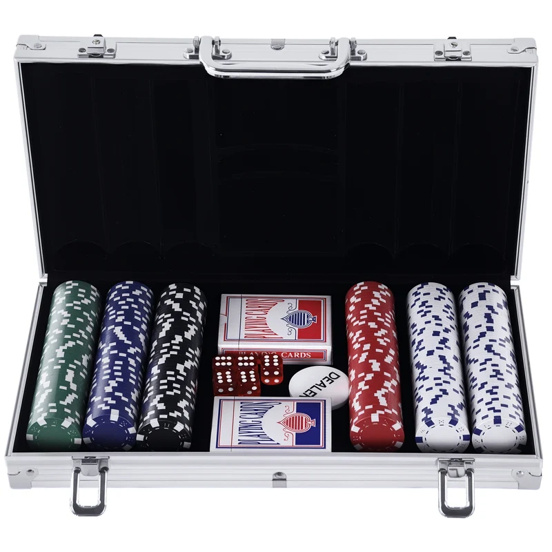 Mallette de poker 38 x 20.5 x 6.5 cm 300 jetons 2 jeux cartes serrure double style épuré moderne en aluminium argent 21_0006639