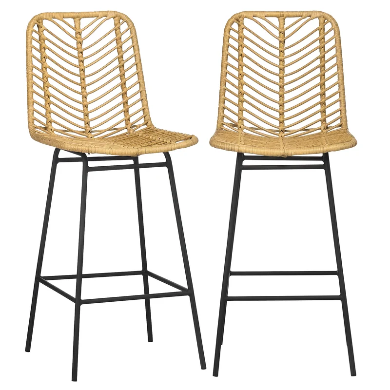 Lot de 2 tabourets de bar 42.5 x 52 x 102 cm assise cannage confort repose-pieds antidérapant vintage en résine jaune 21_0002323