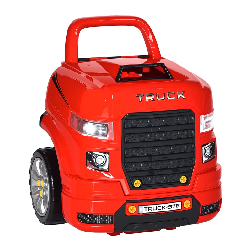 Camion mécano 2 en 1 atelier enfant 40 x 39 x 47 cm 61 accessoires avec effets sonores design contemporain en PP rouge 21_0000423