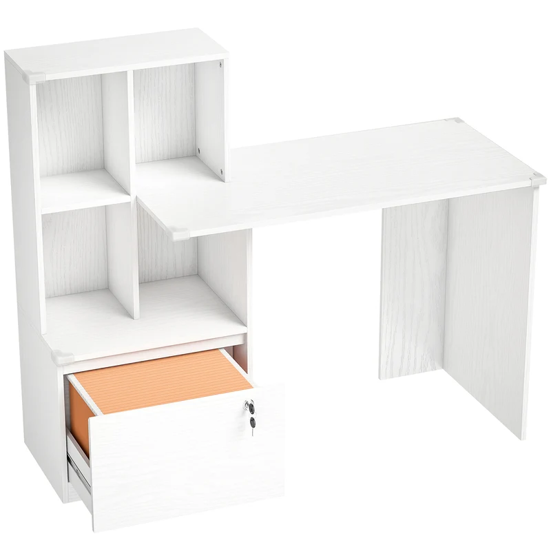Bureau informatique avec 4 compartiments et tiroir verrouillable 126 x 50 x 109 cm épuré en panneau de particules blanc 21_0002563