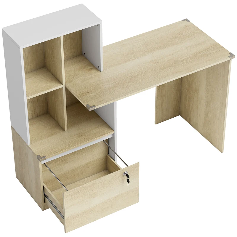 Bureau informatique avec 4 compartiments 126 x 50 x 109 cm grand plateau tiroir verrouillable moderne en mélamine chêne 21_0002561