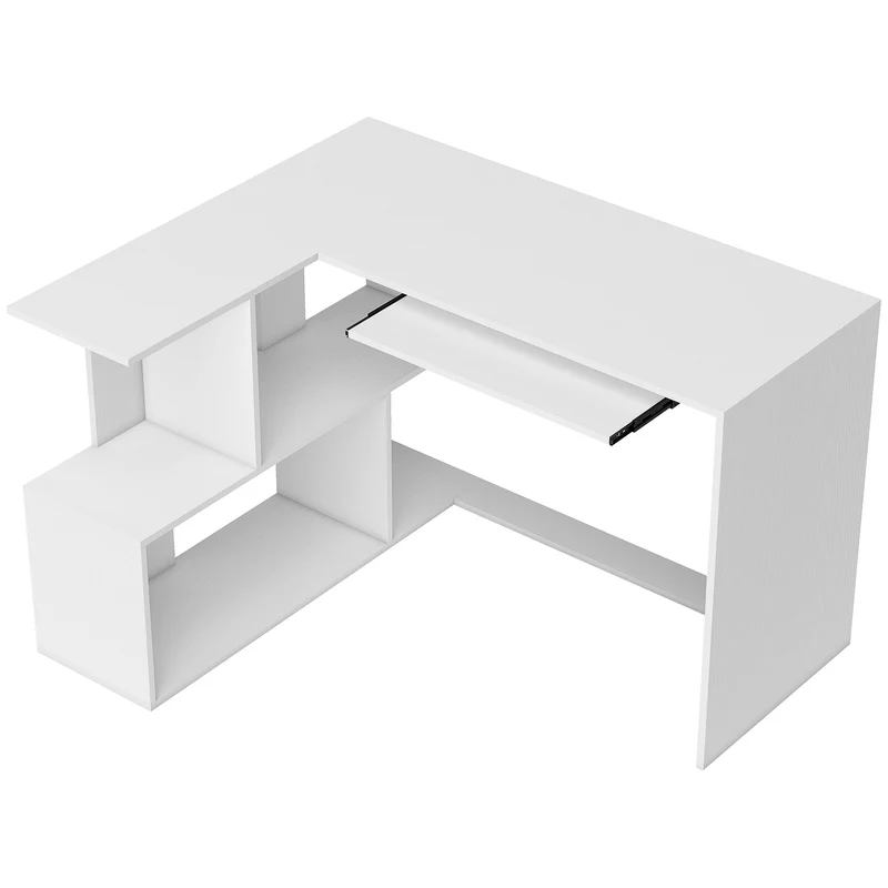 Bureau d'angle en l 120 x 100 x 76 cm gain de place plateau clavier coulissant moderne en panneau de particules blanc 21_0002550