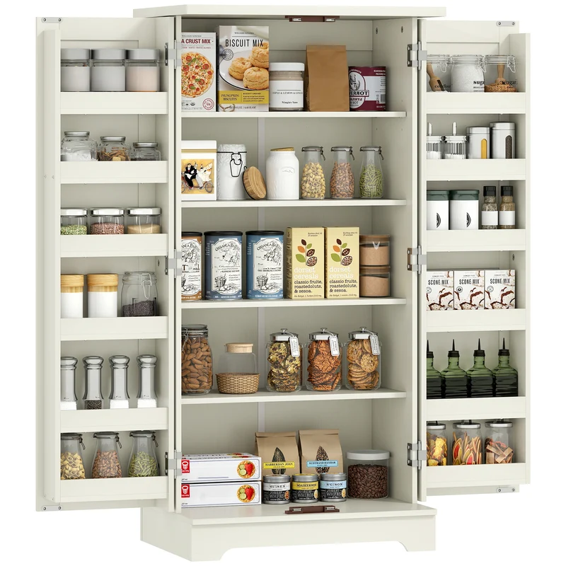 Buffet armoire de cuisine 60 x 40 x 120 cm portes magnétiques étagères réglables rustique contemporain en MDF crème 21_0003265