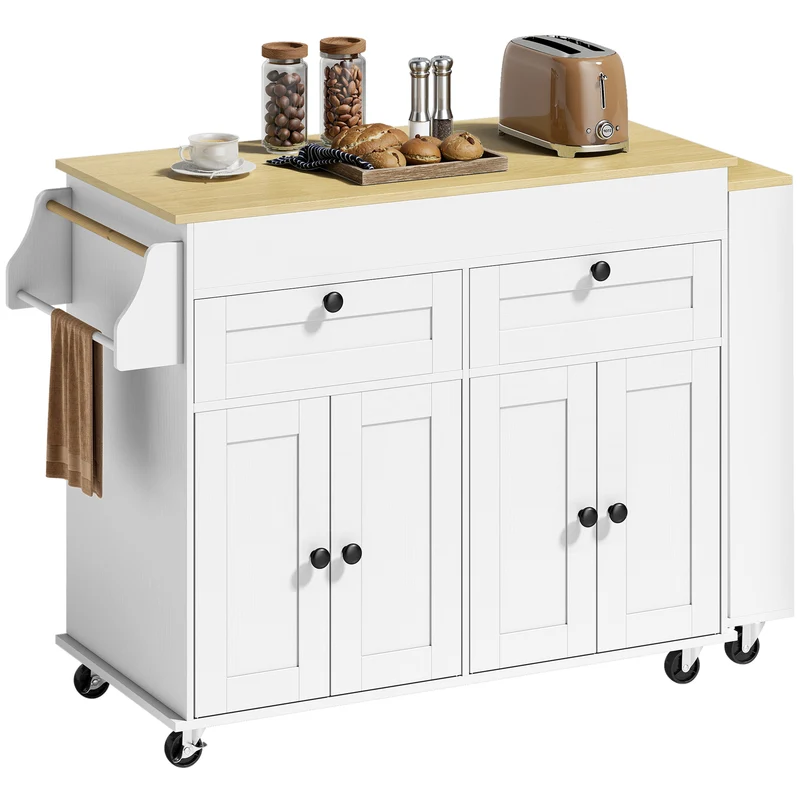Îlot de cuisine extensible desserte 127 à 189 x 50 x 88 cm grand rangement astucieux sur roulettes moderne en MDF blanc 21_0001071