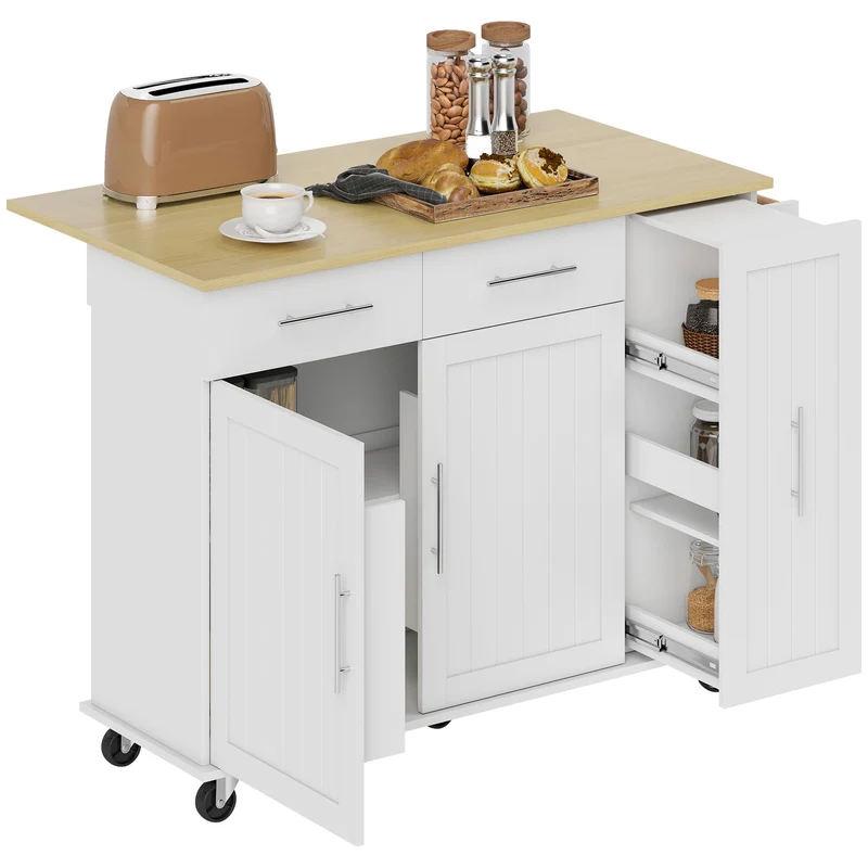 Îlot central cuisine à roulettes 129 x 65 x 91 cm plateau pliant 2 tiroirs rangements fermés moderne épuré en MDF blanc 21_0001060
