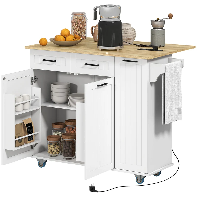 Îlot central cuisine mobile tablette abattant prises et USB rangement 119.5 x 74 x 94.5 cm moderne pratique en MDF blanc 21_0001052