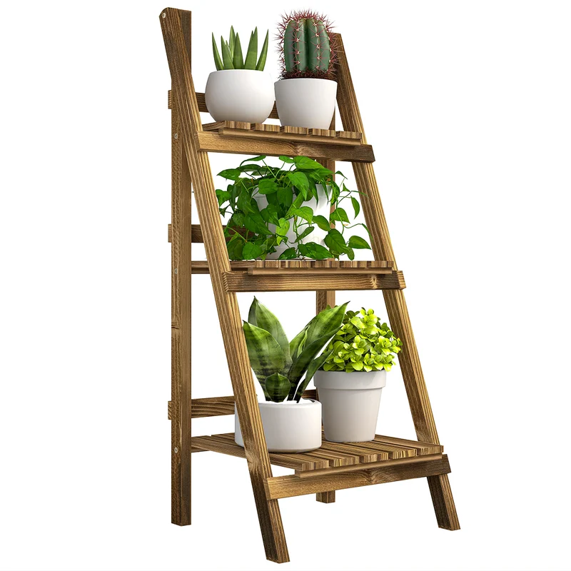 Étagère échelle à fleurs 3 niveaux pliable 40 x 37 x 93 cm gain de place idéal barre d'arrêt style design en bois marron 21_0004062